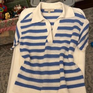LOFT Blue and White Striped Knit Polo Shirt